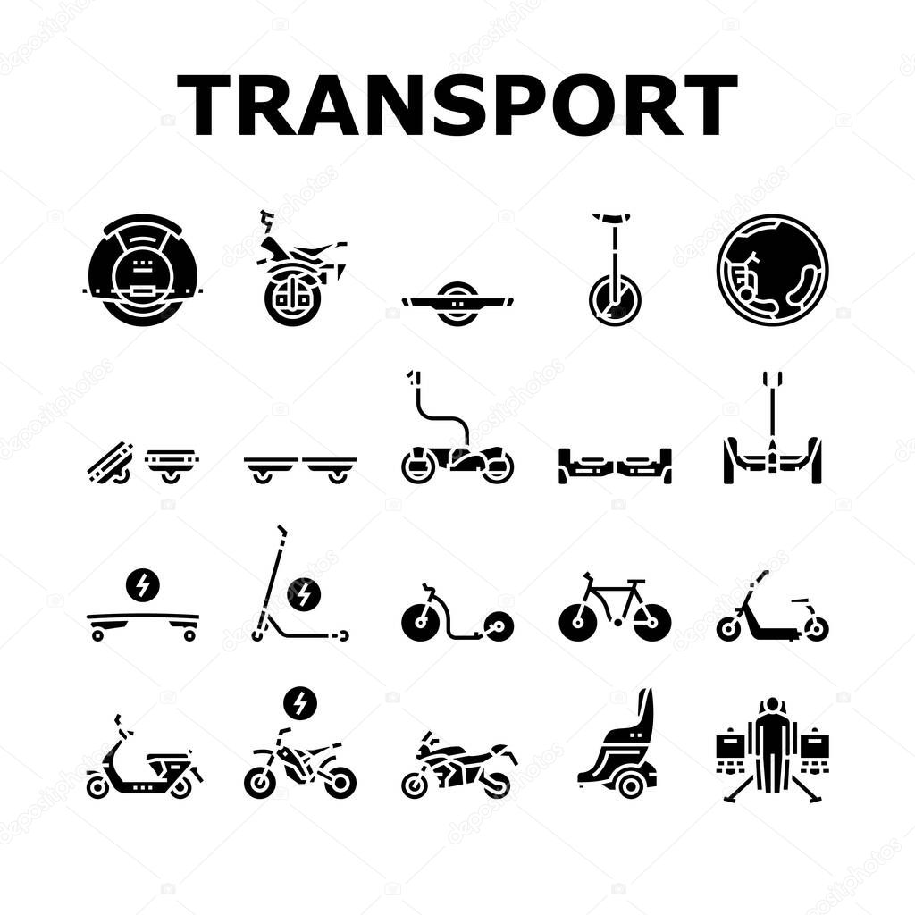 Personal Transport Collection Icons Set Vector. Scooter And Bicycle, Motorbike And Bike, Electric Monowheel And Hoverboard Transport Concept Linear Pictograms. Color Contour Illustrations