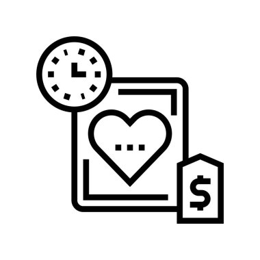 Kalp nakli fiyatı ve zaman çizgisi ikonu vektörü. Kalp nakli fiyatı ve zaman işareti. izole edilmiş çizgi simgesi siyah illüstrasyon