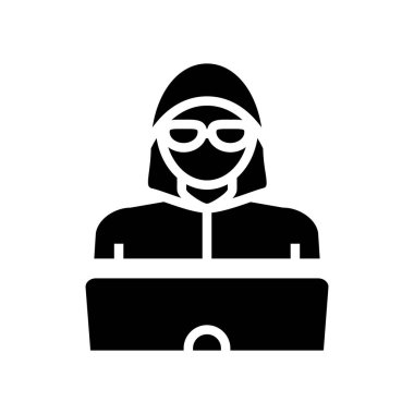 Bilgisayar korsanı, glyph ikon vektöründe çalışıyor. Bilgisayar korsanlığı işaretiydi. izole edilmiş çizgi simgesi siyah illüstrasyon