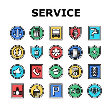 Kamu Hizmeti İmza Koleksiyon Simgeleri Vektörü Ayarladı. Otobüs durağı, park yeri, polis ve ambulans, eş interneti ve dükkan, hükümet ve banka servisi lineer resim konsepti. Renk Katılımı Resimleri