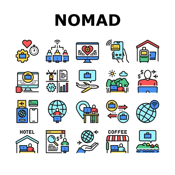 Digital Nomad Worker Collection Ikoner Uppsättning Vektor Frilansare Nomad Remote — Stock vektor