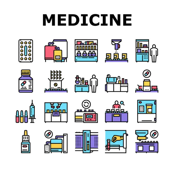 Medical Drugs Production Factory Icons Set Vector Farmaceutická Výroba Medicine — Stockový vektor