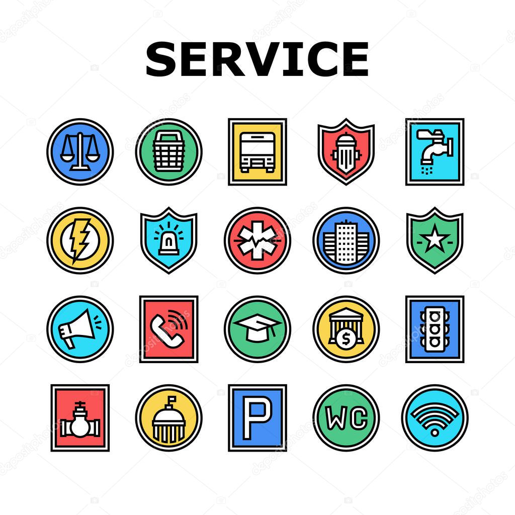 Public Service Signs Collection Icons Set Vector. Bus Stop And Parking, Police And Ambulance, Wifi Internet And Shop, Goverment And Bank Service Concept Linear Pictograms. Color Contour Illustrations