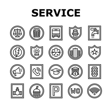 Public Service Signs Collection Icons Set Vector. Bus Stop And Parking, Police And Ambulance, Wifi Internet And Shop, Goverment And Bank Service Black Contour Illustrations clipart