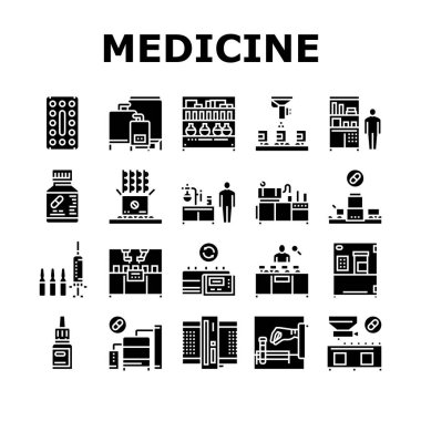 Tıbbi Uyuşturucu Üretim Fabrikası Simgeleri Vektörü Ayarladı. Eczacılık Üretim Medikal Üretim Makinesi ve Ekipman Koleksiyonu Çizim Çizimleri Siyah Çizimler