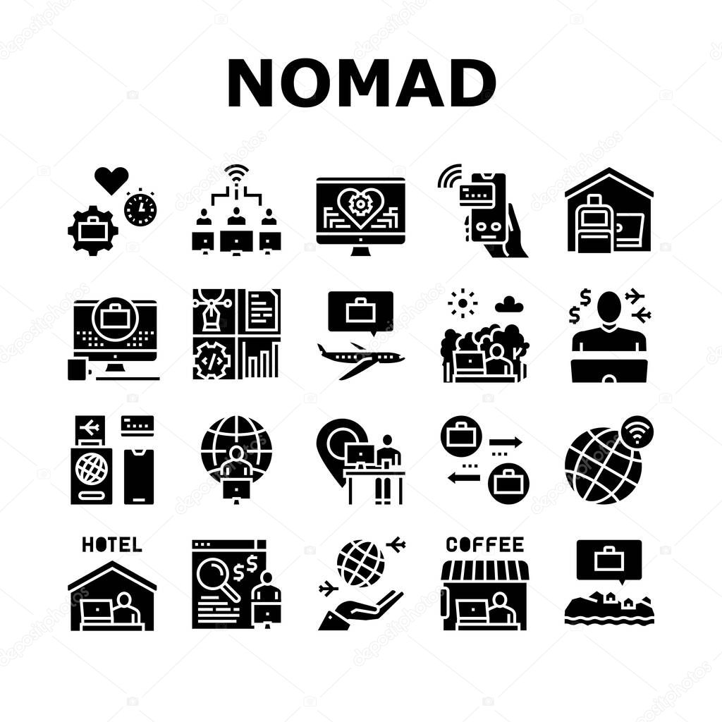 Digital Nomad Worker Collection Icons Set Vector. Freelancer Nomad Remote Work And Traveling, Working In Hotel And Coffee Cafe Glyph Pictograms Black Illustrations
