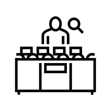 İşçi kontrole üretim süreci ikon vektörü. İşçi kontrole üretim süreci işareti. izole edilmiş çizgi simgesi siyah illüstrasyon