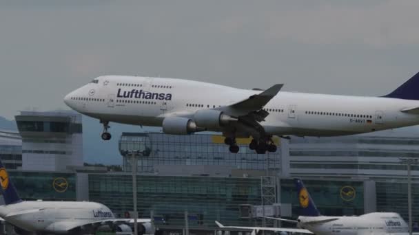 Frankfurt am Main repülőtér leszállni, Lufthansa légitársaság Boeing 747-es — Stock videók