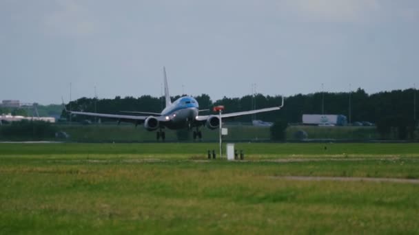 Boeing 737 de KLM aerolíneas aterrizando en el aeropuerto de Schiphol — Vídeos de Stock