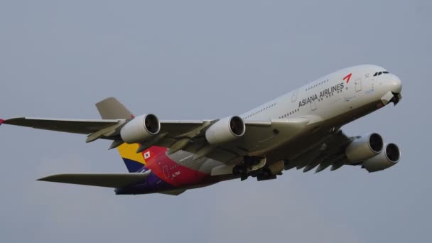 Airbus A380 компании Asiana Airlines взлетает — стоковое видео