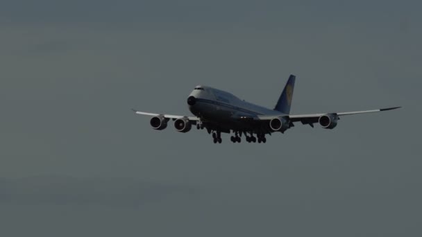 Boeing 737 Lufthansa авіакомпаніям з ретро лівреї за спаданням перед посадкою — стокове відео