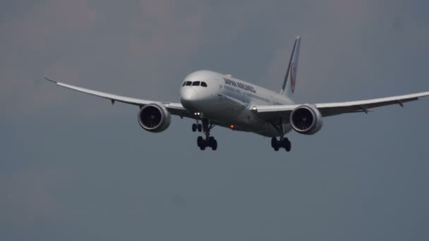 Boeing 787 Dreamliner i Japan airlines på sin slutgiltiga inflygning — Stockvideo
