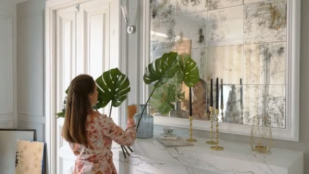 Bela dona de casa colocar monstera adansonii folhas em vaso — Vídeo de Stock