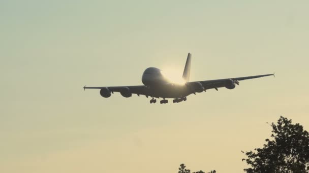 Airbus A380-800 van Lufthansa luchtvaartmaatschappijen naderen luchthaven Frankfurt am Main — Stockvideo