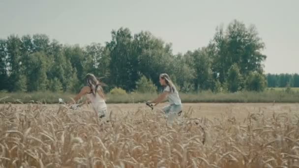 Жінки на велосипеді їдуть на пшеничному полі — стокове відео