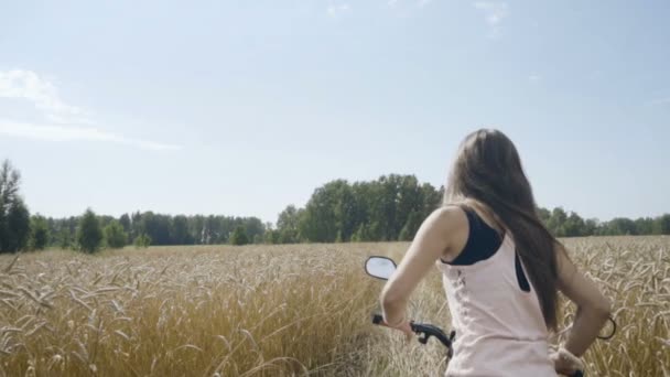 Frau radelt in einem Weizenfeld — Stockvideo