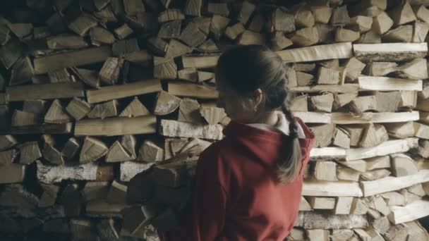 Женщина положила сырые дрова в стопку . — стоковое видео