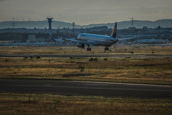 FRANKFURT AM MAIN, GERMANY - JULY 19, 2017: Rear view of Airbus A320 of Lufthansa landing at Frankfurt am Main Airport