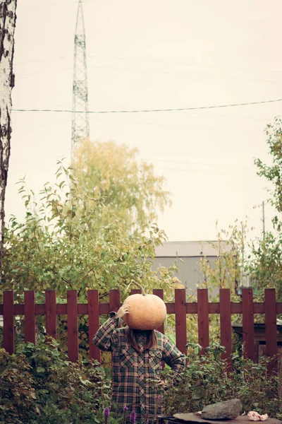 Person wear pumpkin on head. Standing in the middle of the garden. Scarry concept of hallowen. Rural scene