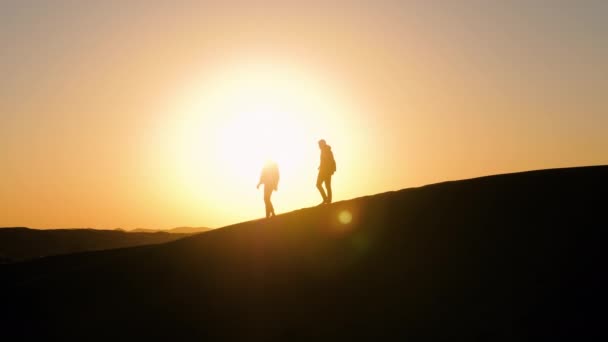 Günbatımı karşı iki adamın siluetleri — Stok video