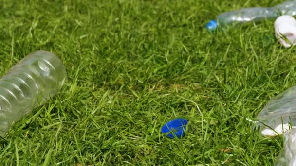 Plastikflaschen auf dem Rasen. — Stockvideo