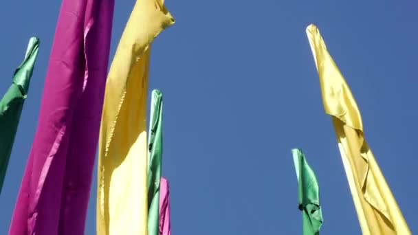 Размахивая разноцветными флагами на ветру — стоковое видео