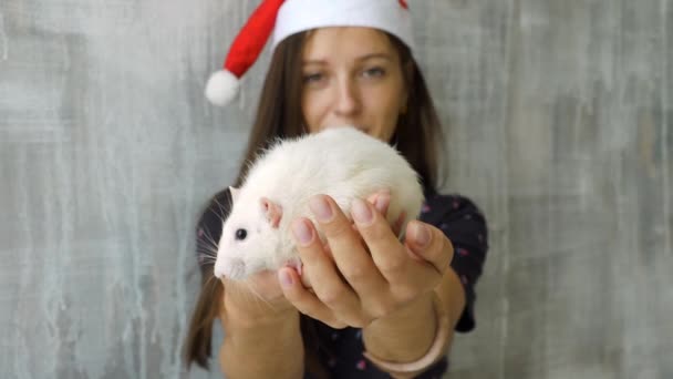 Frau mit roter Weihnachtsmütze hält weiße Ratte — Stockvideo