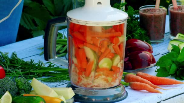 Förbered smoothie från morötter och äpplen — Stockvideo