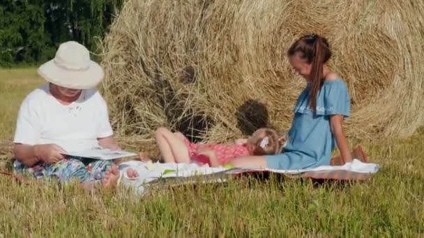 Familia haciendo picnic en el prado — Vídeos de Stock