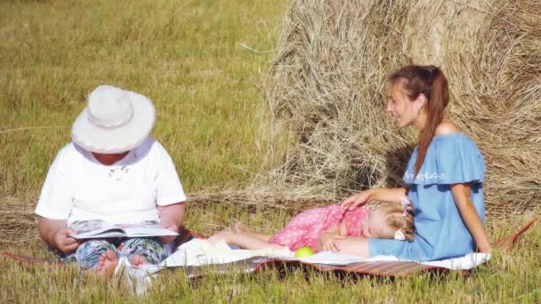 Familia caucásica hacer un picnic en el prado — Vídeo de stock