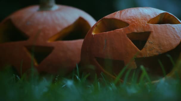 Две страшные тыквы на траве на Хэллоуин — стоковое видео