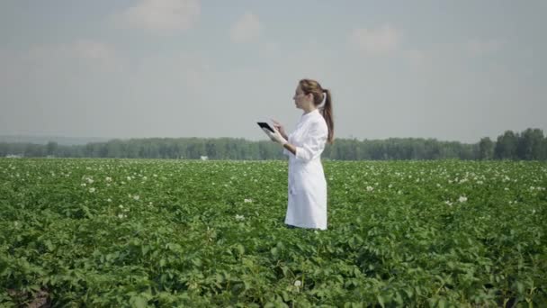 Dijital tabletli kadın tarımcı — Stok video