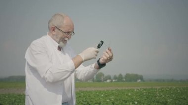 Agronomist böcekleri araştırıyor.