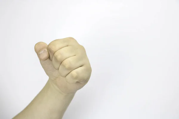 Кулак Мужчина Показывает Кулак Белый Фон Дуля Жесты Руками — стоковое фото