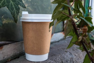 Kahve kağıt bardağı. Bitkilerde bir fincan kahve var. Cam yeşil. Kağıt kupasını taklit et. Gitmek için kahve.