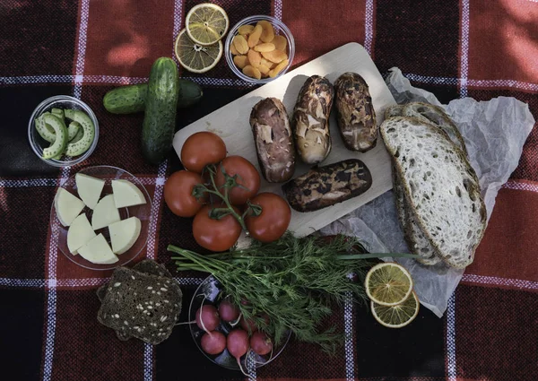 Piknik. Üzerinde piknik yemeği, barbekü, ateşte sosis, taze sebze, ekmek bulunan kırmızı ekoseler. Kompozisyon, temiz hava, sulu yiyecekler. Eller yiyecek tutun.