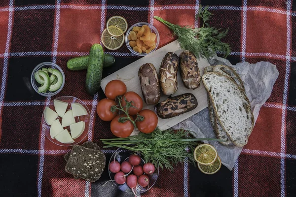 Piknik. Üzerinde piknik yemeği, barbekü, ateşte sosis, taze sebze, ekmek bulunan kırmızı ekoseler. Kompozisyon, temiz hava, sulu yiyecekler. Eller yiyecek tutun.