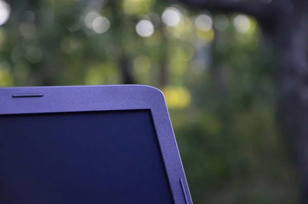 A laptop on the garden table with garden background