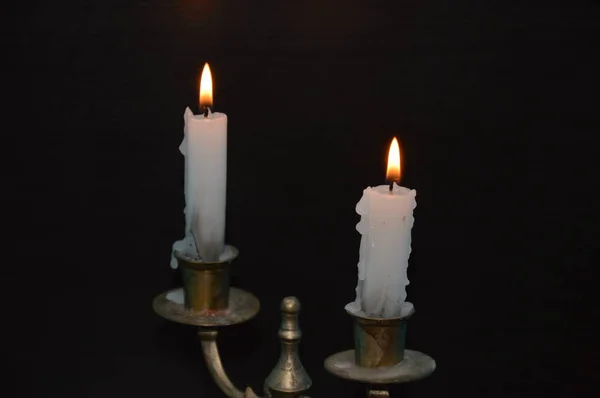 White Candles Black Table Fire — Stock Photo, Image