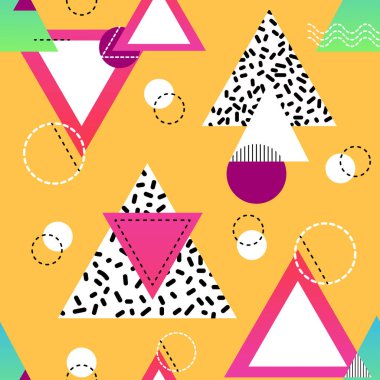 Çok renkli üçgenleri ve daireleri olan minimalist, pürüzsüz bir desen. Geometrik şekiller doğrusal grafiklerle siyah, beyaz, pembe ve mavi renklerde. Vektör İllüstrasyonu
