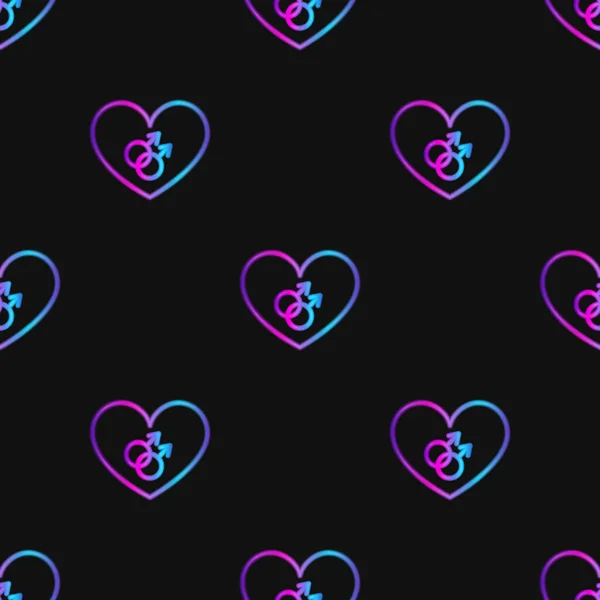 Bezešvý vzor s neonovým srdcem s gayským symbolem na černém pozadí — Stock fotografie