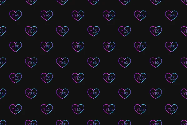 Nahtloses Muster mit neonfarbenem Herz mit Wort ja auf schwarzem Hintergrund — Stockfoto
