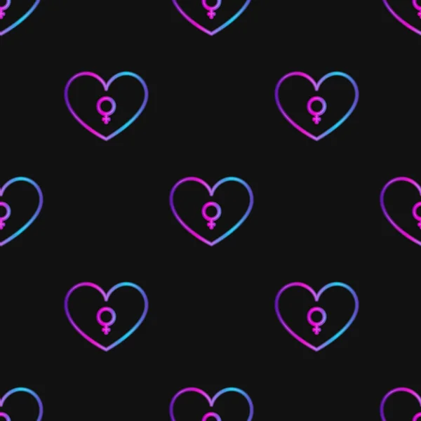 Nahtloses Muster mit neonfarbenem Herz mit Frauensymbol auf schwarzem Hintergrund — Stockfoto