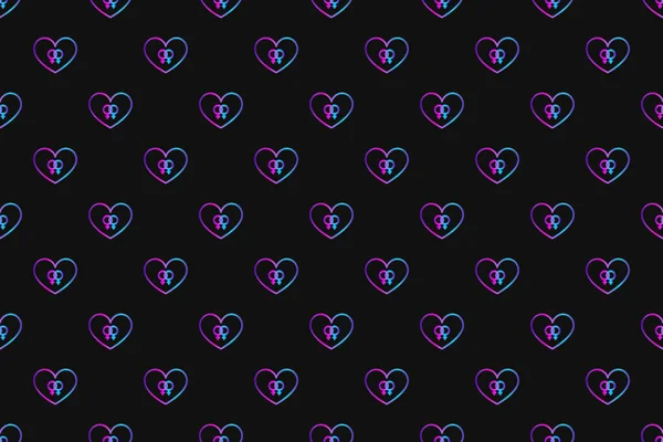 Bezešvý vzor s neonovým srdcem se symbolem lesbičkovství na černém pozadí — Stock fotografie