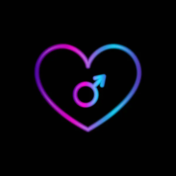 Neon heart with man symbol on black background — Stock Vector