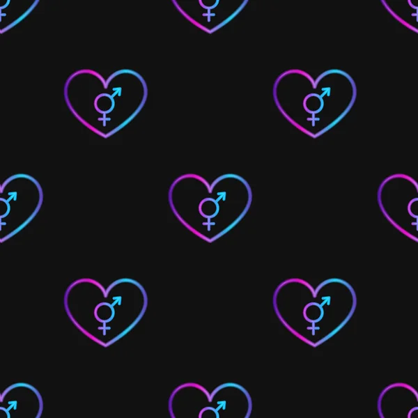 Patrón sin costuras con corazón de neón con símbolo de intersexualidad sobre fondo negro —  Fotos de Stock