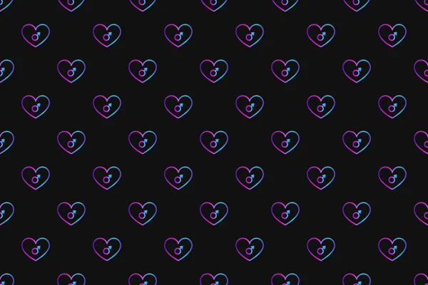 Bezešvý vzor s neonovým srdcem se symbolem člověka na černém pozadí — Stock fotografie