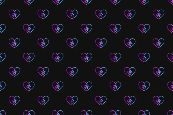 Patrón sin costuras con corazón de neón con símbolo gay sobre fondo negro —  Fotos de Stock
