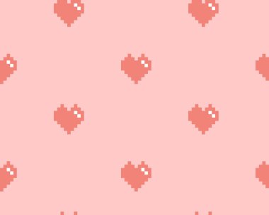 Pembe arkaplanda pembe piksel kalp, kusursuz vektör deseni 