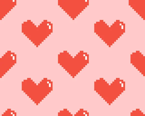 Corazón de píxel rojo sobre fondo rosa, patrón de vector sin costuras — Vector de stock